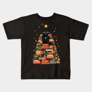 Cute Christmas Cat Books Tree Kids T-Shirt